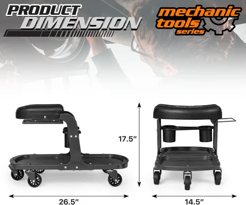 Miniatura 2 de M-AUTO Asiento de rodillo para garaje, taburete de taller mecánico resistente con bandeja para herramientas y estante para equipos, asiento