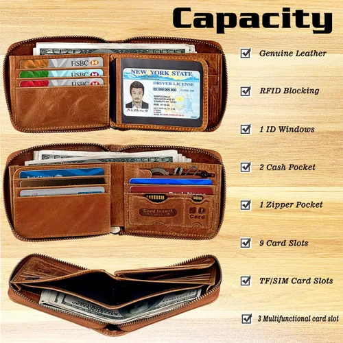 Miniatura 44 de Admetus Billeteras con bloqueo RFID para hombre, billetera de cuero con cremallera para hombres con tarjetero RFID plegable