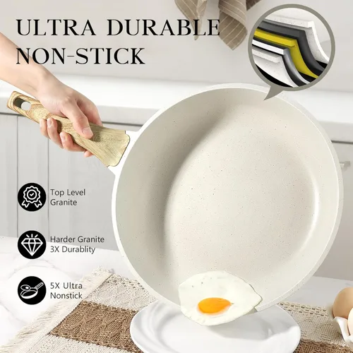 Miniatura 4 de GiPP - Sartén antiadherente de granito blanco de 8 pulgadas, sartén para tortilla con mango resistente al calor, compatible con todas las estufas