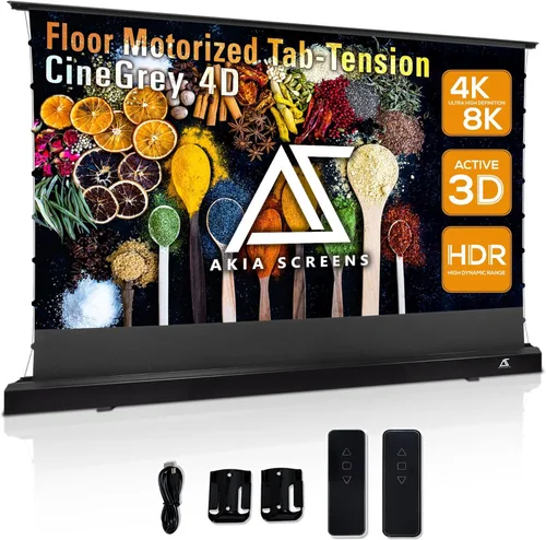 Akia Screens AK-FMT101UH2-C4D-X - Pantalla de proyector de suelo de 101 pulgadas motorizada con control remoto, pantalla de proyector ALR que