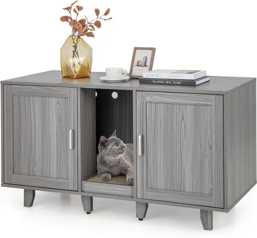 Miniatura 11 de PETSITE Caja de arena para 2 cajas de arena, mesa auxiliar oculta para baño de gatos con 2 gabinetes, tabla de rascar, muebles de arena para gatos