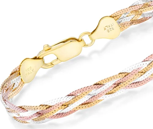 Miniatura 4 de MiaBella Tri-Color 18K Gold Over 925 Sterling Silver Italian 6-Strand 7mm Braided Herringbone Chain Bracelet for Women Teen Girls Made in Italy