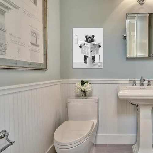 Miniatura 3 de Decoración de Arte de Pared en Blanco y Negro – Oso con Gafas Sentado en el Inodoro Leyendo Periódico, Impresiones en Lienzo, Imágenes de Animales