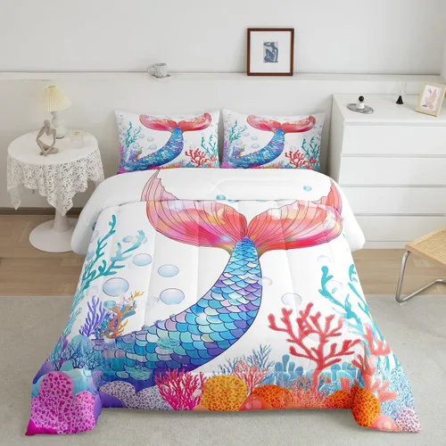 Miniatura 15 de Edredón de plumón de delfín para niños, juego de edredón del mundo submarino, juego de ropa de cama coral de peces dorados, tamaño individual