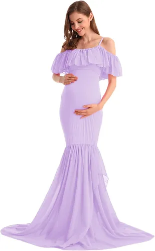 Miniatura 27 de MYRISAM Vestido de maternidad con volantes y hombros descubiertos para mujer, vestido de fiesta de sirena de gasa, vestido ajustado