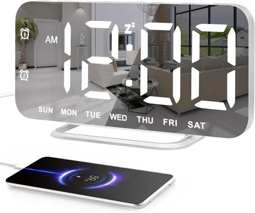 Miniatura 12 de Reloj de alarma digital LED delgado, superficie de espejo para maquillaje, con atenuación, pantalla grande, configuración fácil, puertos USB