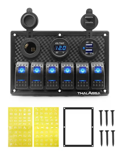 Miniatura 6 de Panel de interruptor basculante impermeable de 6 posiciones con pantalla digital LED azul, voltímetro, doble puerto de carga USB de 5 V, toma