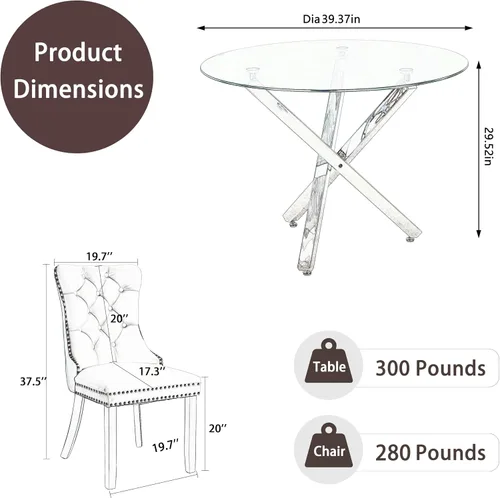 Miniatura 3 de Juego de mesa de comedor redonda de cristal moderno de mediados de siglo para 4, juego de vajilla circular de lujo plateado de 5 piezas, juego