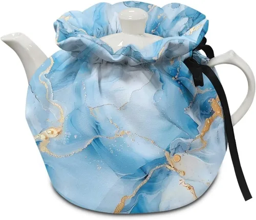 Tetera aislada de mármol azul, cubierta antipolvo, resistente a las manchas, tetera acogedora para el desayuno, calentador de té, colcha para el