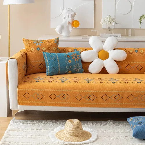 Miniatura 5 de Funda de sofá de chenilla para sofá modular, diseño geométrico bohemio y jacquard antideslizante, protector de muebles para niños, perros y Naranja