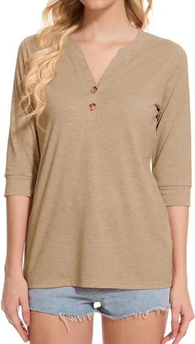 Miniatura 2 de Dimur Camisetas de manga 3/4 con cuello en V y botones para mujer, traje casual de negocios, camiseta básica de verano 2025