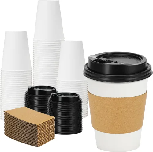 Miniatura 13 de Lamosi Paquete de 100 tazas de café desechables de 16 onzas con tapas y mangas, a prueba de fugas, tazas de café de papel con tapas, bebidas