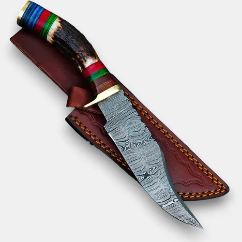 Rait tail Hecho a mano forjado a mano Damasco caza/desollar cuchillo Stag/asta mango con funda
