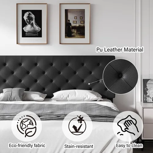 Miniatura 3 de REVOMINCA Marco de cama matrimonial con cabecero, plataforma tapizada de piel sintética, marco de cama negro tamaño matrimonial, soporte de listones