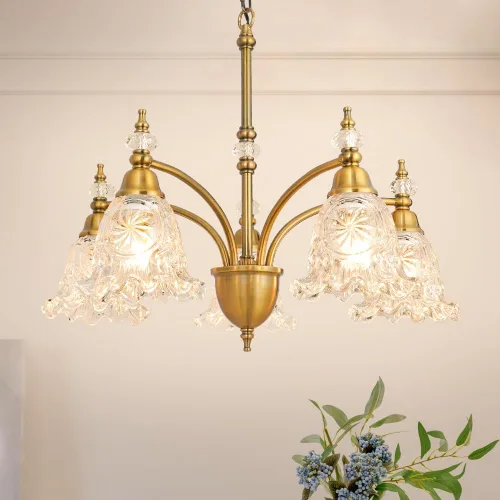 Miniatura 8 de Candelabro vintage de latón – Lámpara de comedor de altura ajustable con vidrio soplado hecho a mano – Base E26 de 5 luces, ideal para cocina