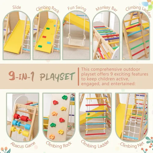 Miniatura 3 de KEIKI 9-in-1 Foldable Wooden Kids Climbing Frame with Slide Swing Monkey Bars Rock Wall Abacus, Indoor Outdoor Playground Set, Montessori Play Gym