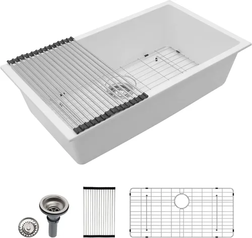 Miniatura 8 de Dcolora Fregadero de Barra de Composite de Cuarzo de 22 Pulgadas Negro Bajo Encimera Pequeño Fregadero de Cocina de Composite de Granito Prep RV