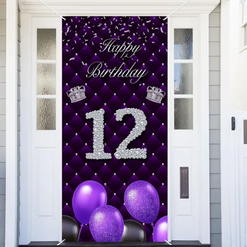 Miniatura 26 de Cartel morado de feliz primer cumpleaños telón de fondo para cabina de fotos, globos de corona plateada, decoración temática para niña, aniversario