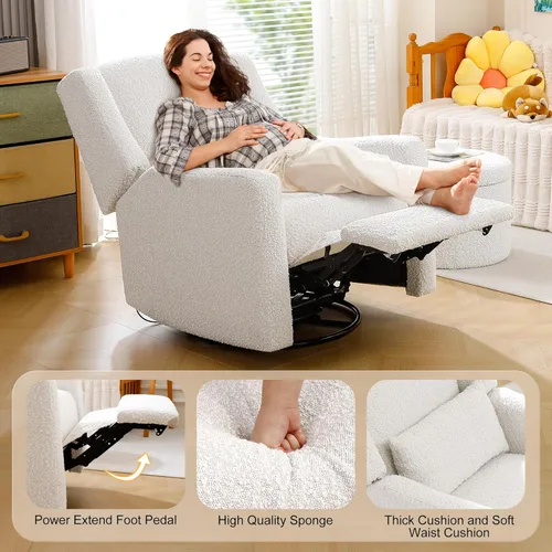 Miniatura 8 de Power Nursery Recliner Rocking Chair with Waist Pillow, Comfy Teddy Farbric, High Back & Lumbar Support Swivel Gilder Recliner for Adults, Living