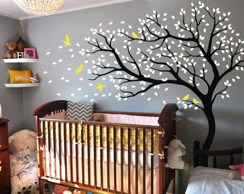 Miniatura 9 de Vinilo decorativo para pared de árbol grande con pájaros y hojas que soplan en el viento, adhesivo mural de bosque