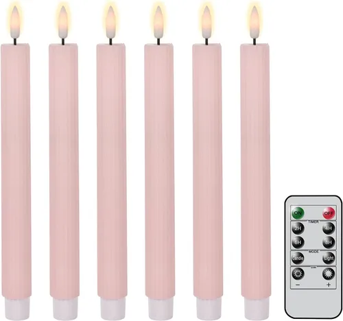Velas cónicas de primavera sin llama parpadeantes con temporizador remoto, velas LED de luz cálida operadas por batería, velas de cera real rayadas,