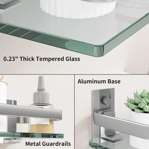 Miniatura 9 de Danpoo Estante de pared de vidrio templado transparente, organizador de pared para baño, cocina (plata mate)