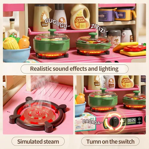 Miniatura 4 de Juego de cocina para niños de 33.8 pulgadas con sonido y luz, estufa de cocina con vapor, fregadero de juegos y accesorios de cocina de juguete, Rosa