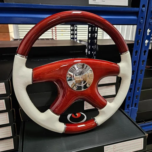 RAPTOR - Volante de 15 pulgadas de madera de caoba y cuero blanco