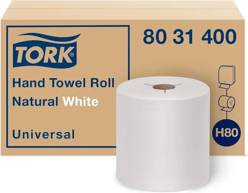 Rollo de toallas de mano Tork Natural Blanco H80, Universal, 100% Fibra Reciclada, 6 Rollos x 800 pies, 8031400, 6 unidades (Paquete de 1)