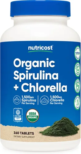 Nutricost Espirulina orgánica + clorella (3,000 mg) 360 tabletas - USDA Organic, 1,500 mg de espirulina, 1,500 mg de clorella, vegano, sin OMG, sin