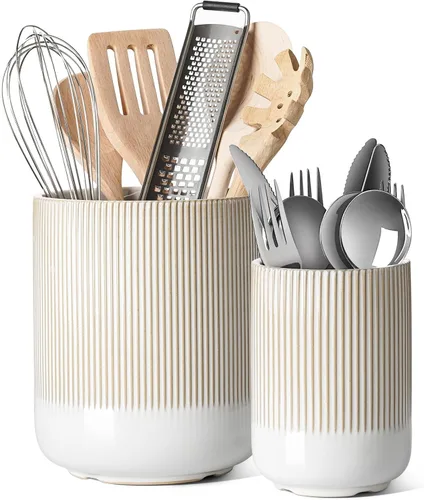 LE TAUCI Soporte para Utensilios, Soporte para Utensilios de Cocina de Cerámica de 7.3"+5.4" para Encimera, Recipientes Grandes para Utensilios de