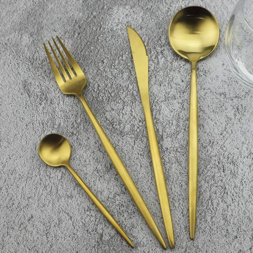 Miniatura 13 de Juego de cubiertos de oro mate, 5 piezas de acero inoxidable 18/10 con acabado satinado, servicio para 1, cuchara tenedor de cuchillo con pajitas