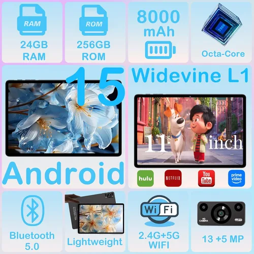 Miniatura 2 de Tablet de 11 pulgadas, tabletas Android 15 2025 con Octa Core, 24GB+256GB, cámara de 13+5MP, tabletas electrónicas con Widevine L1, batería de Negro