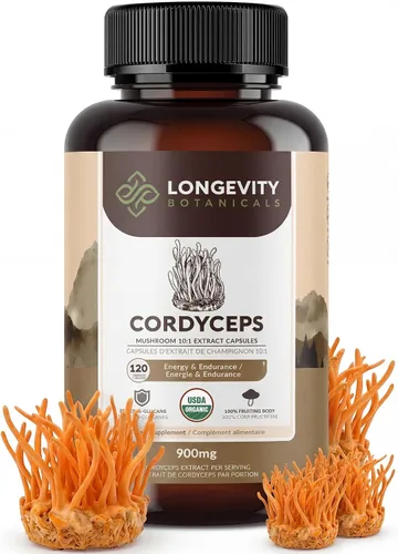 Longevity Botanicals Cápsulas orgánicas de hongos Cordyceps Extracto de suplemento de 120 unidades | Cuerpo fructífero Cordyceps Militaris | ≥30% de