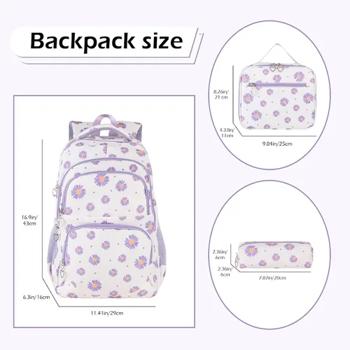 Miniatura 44 de goldwheat Mochilas impresas margaritas con paquete de almuerzo, estuche de lápices 3pcs, bolsa ligera resistente al agua para la escuela secundaria