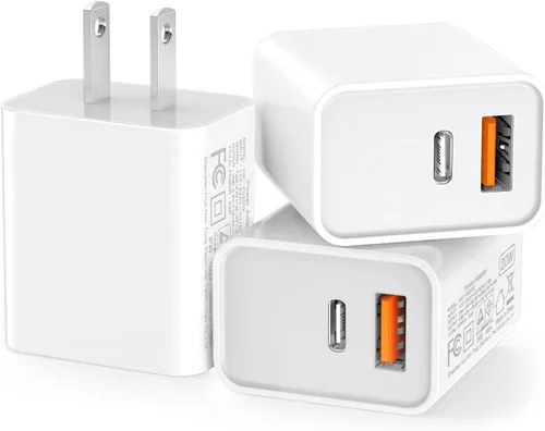 Miniatura 15 de Paquete de 3 cargadores tipo C, enchufe de pared USB C de doble puerto de 20 W PD y QC3.0 USB A bloque de carga rápida para Samsung Galaxy S24