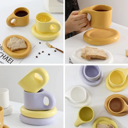 Miniatura 5 de Taza de café de cerámica, juego de tazas de café de cerámica de 10 onzas, tazas de capuchino de porcelana para café con leche, juego de tazas