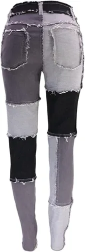 Miniatura 2 de vanberfia - Pantalones elásticos de cintura media para mujer, diseño retazos de mezclilla