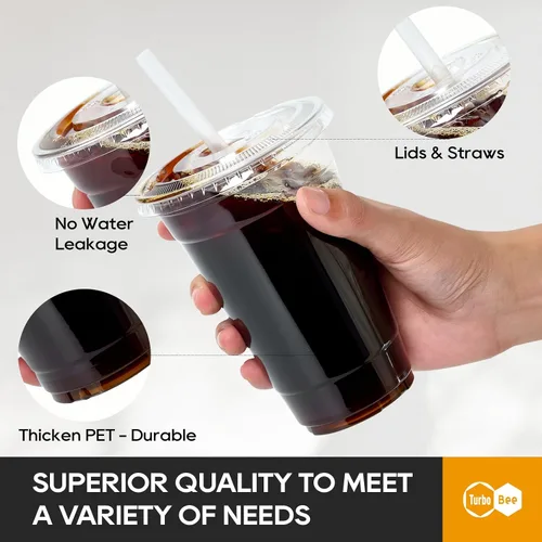 Miniatura 3 de Turbo Bee 200 juegos de vasos de plástico transparente de 16 onzas con tapas y pajitas, tazas de café helado desechables para llevar con tapas