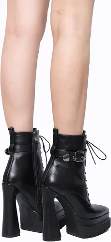 Miniatura 6 de Mattiventon Botas de plataforma para mujer, tacón grueso, punta puntiaguda, botines con cordones al tobillo