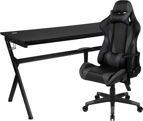 Miniatura 70 de Flash Furniture Juego de escritorio para juegos negro y silla de carreras blanco/negro con soporte para tazas, gancho para auriculares y soporte