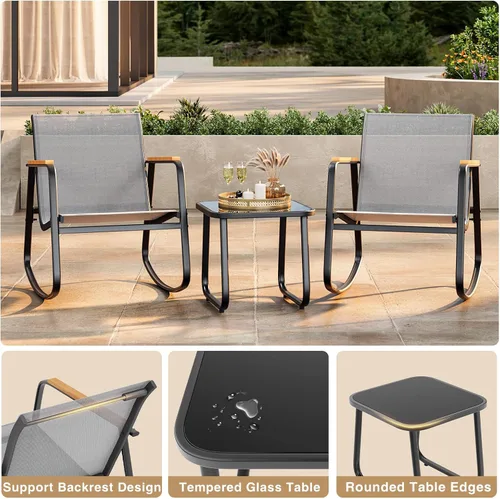 Miniatura 5 de Ahomly - Juego de 3 piezas de muebles de patio, juego de muebles de exterior de Textilene con reposabrazos de madera, mesa de café con superficie