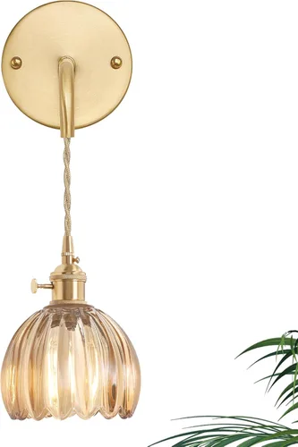 Miniatura 10 de Shenmoyl Candelabro de Pared Operado por Batería con Soporte de Cadena Ajustable, Patrón de Tulipán Verde, Vidrio con Diseño Retro en Oro, Lámpara