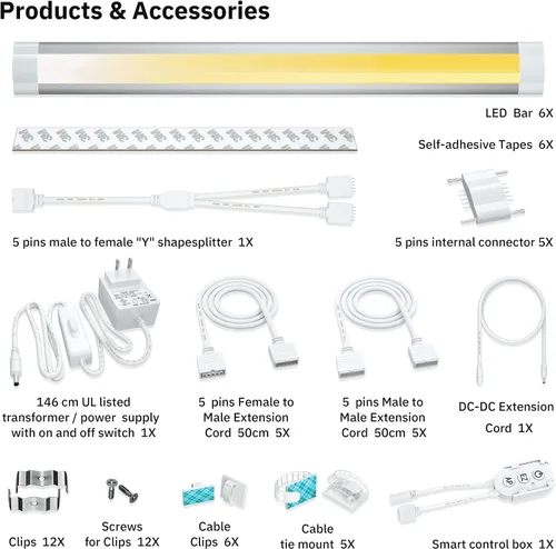 Miniatura 9 de Tira de luces LED regulables para debajo del mostrador, luz cálida, luz diurna, barra de luz ajustable blanca fría, compatible con Alexa, Google