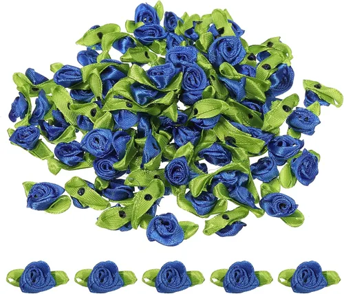 Miniatura 14 de PATIKIL Mini rosas de cinta, 200 unidades, pequeñas flores de tela de satén con adornos de hojas verdes, rosetas para manualidades, costura, boda