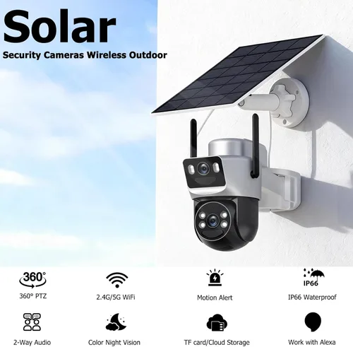 Miniatura 3 de Cámaras de seguridad solar de doble lente inalámbricas para exteriores, WiFi 6 5G/2.4G, vista de 360° panorámica/inclinación, cámara de seguridad