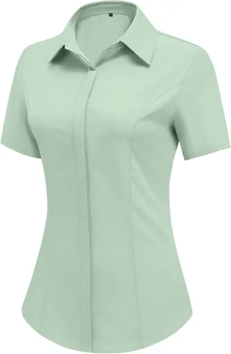 Miniatura 13 de HOTOUCH Camisas de manga corta con botones para mujer, blusa con cuello ajustado, blusa básica de verano para oficina, tallas S-2XL