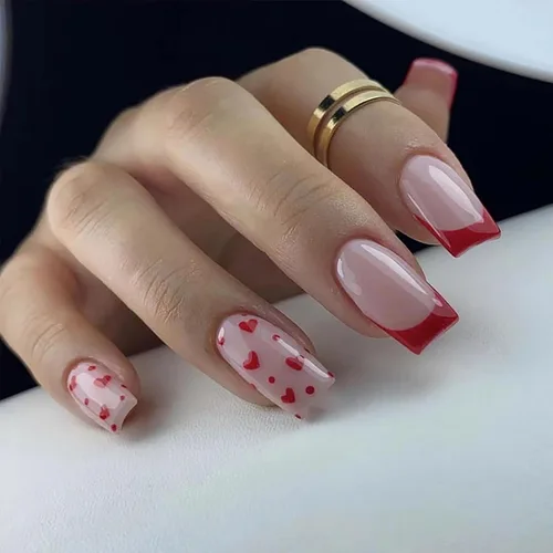 Miniatura 24 de Uñas postizas a presión para San Valentín, uñas postizas cortas cuadradas MABKJLF nude con diseños de labios, cobertura completa, pegamento