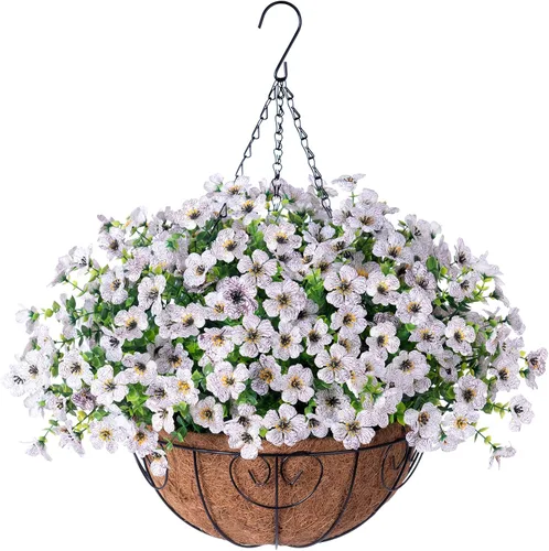 Miniatura 7 de HyeFlora Plantas Colgantes Artificiales Falsas con Flores y Cesta para Decoración Exterior, Arreglos Florales de Seda Sintética de Margaritas