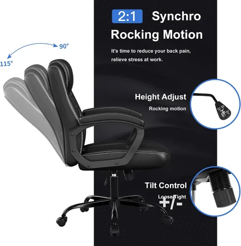 Miniatura 4 de Misolant Silla de oficina, silla de escritorio ejecutiva, cómodas sillas ejecutivas de piel sintética con reposabrazos fijo, altura ajustable, Negro